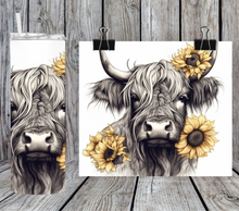 Load image into Gallery viewer, Highland Cow with sunflowers