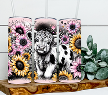 Load image into Gallery viewer, Highland cow pink and yellow sunflowers