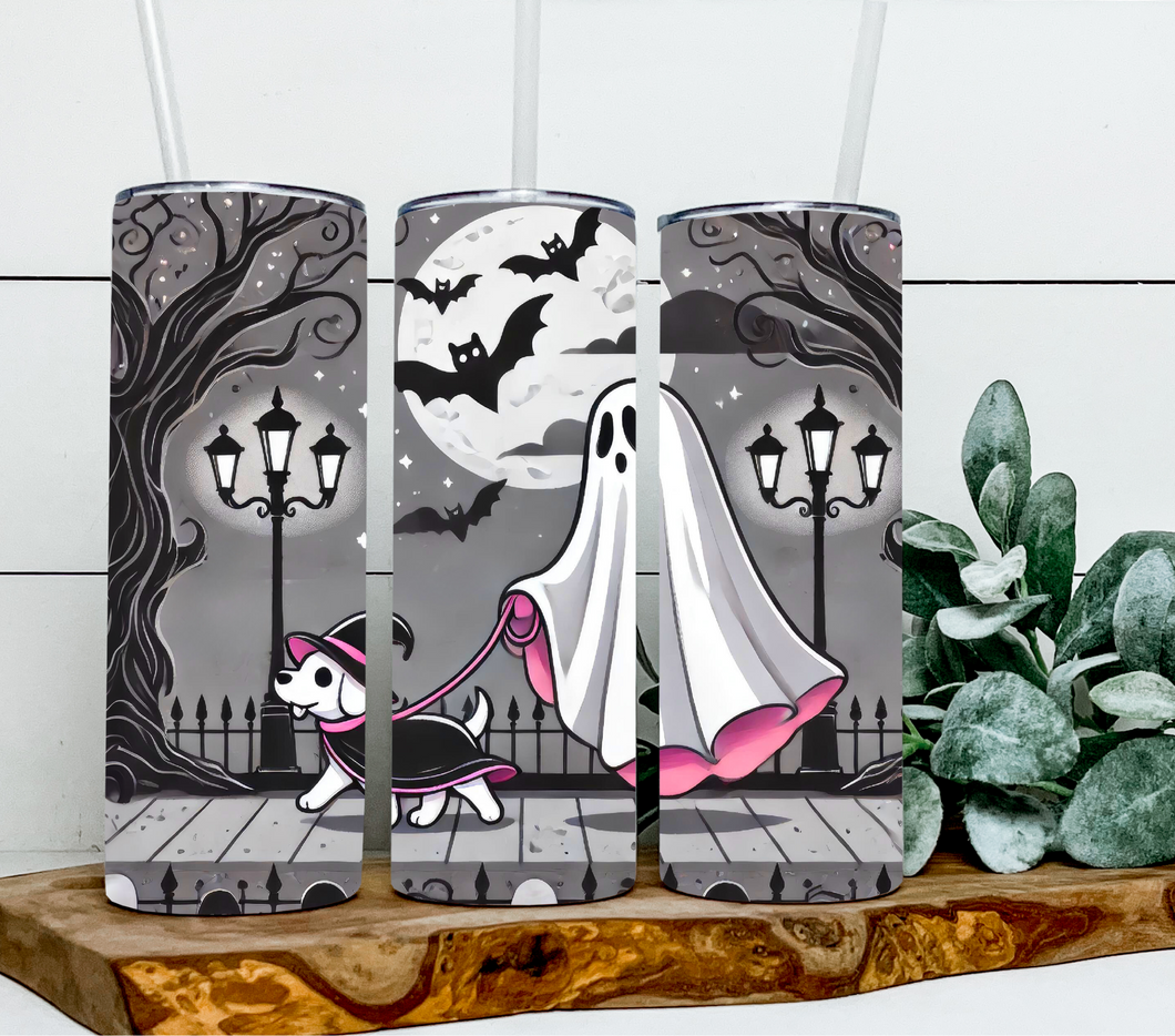 Halloween ghost walking witch dog