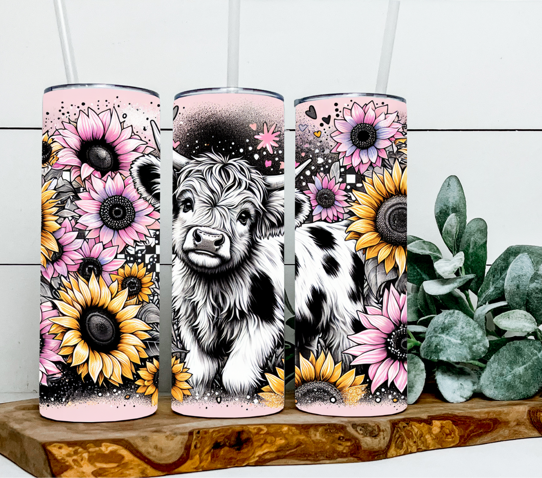 Highland cow pink and yellow sunflowers