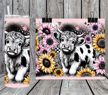 Load image into Gallery viewer, Highland cow pink and yellow sunflowers
