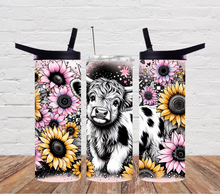 Load image into Gallery viewer, Highland cow pink and yellow sunflowers
